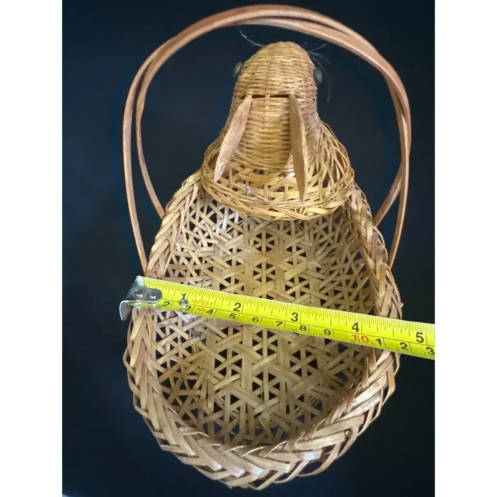 Vintage Wicker Bunny Rabbit Basket With Handle Honey Colored Bamboo Handcrafted